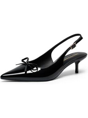 DREAM PAIRS Women's Black-pat Slingback Kitten Heels Pumps with Bow Low Heels